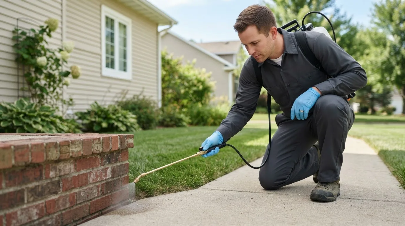 Pest control technician treating a home near Almena, KS